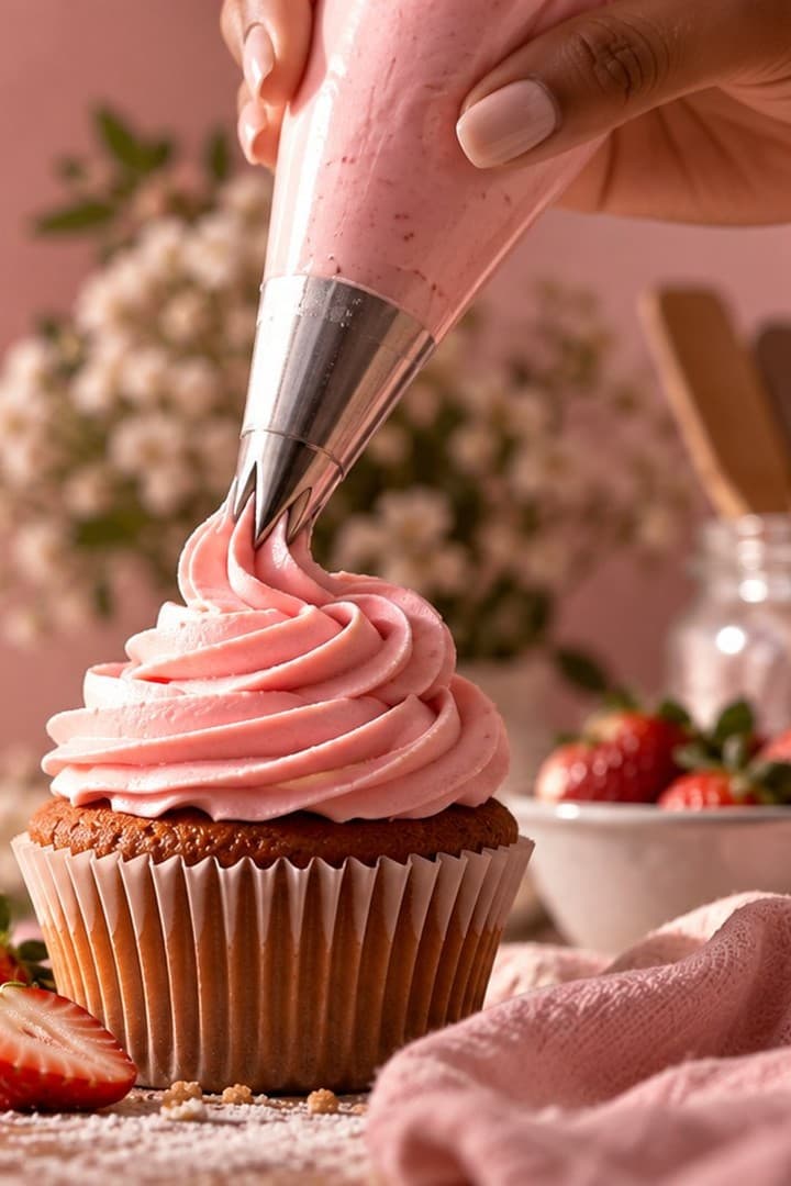 A hand piping pink frosting onto a cupcake, with strawberries and white flowers alongside.