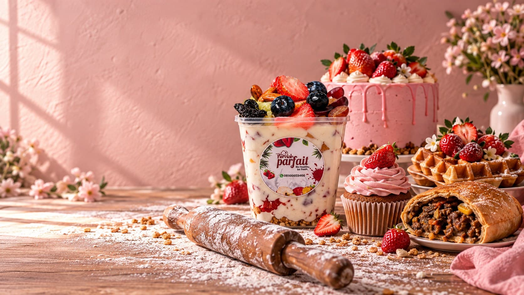 A pink celebration cake, a strawberry parfait, cupcakes, waffles and a meat pie arranged on a flour-dusted wooden table.